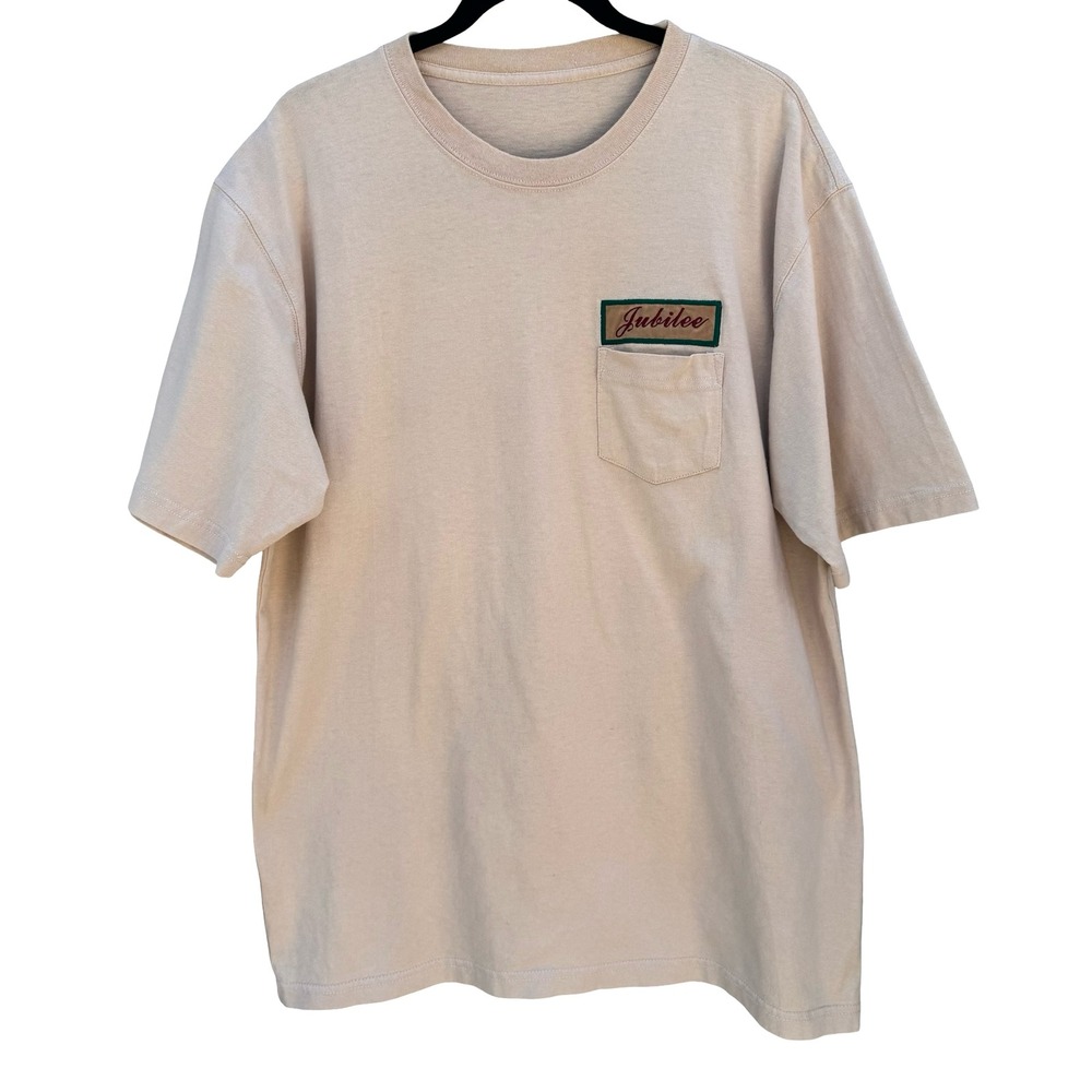 Jubilee Tan Beige Pocket T-Shirt Short Sleeve Embroidered Patch Crewneck Mens XL